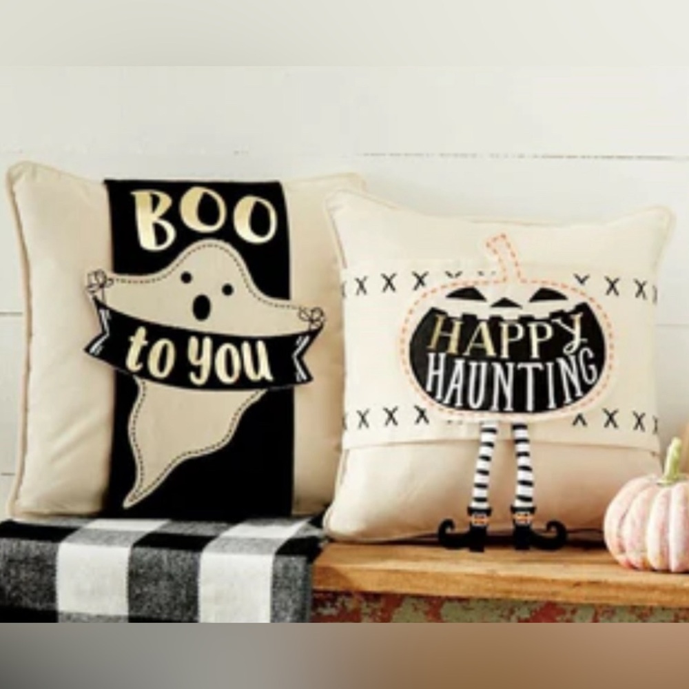 MUDPIE Lot 2 Halloween Pillow‎ Wraps Only Embroidered Canvas Pumpkin Witch Ghost